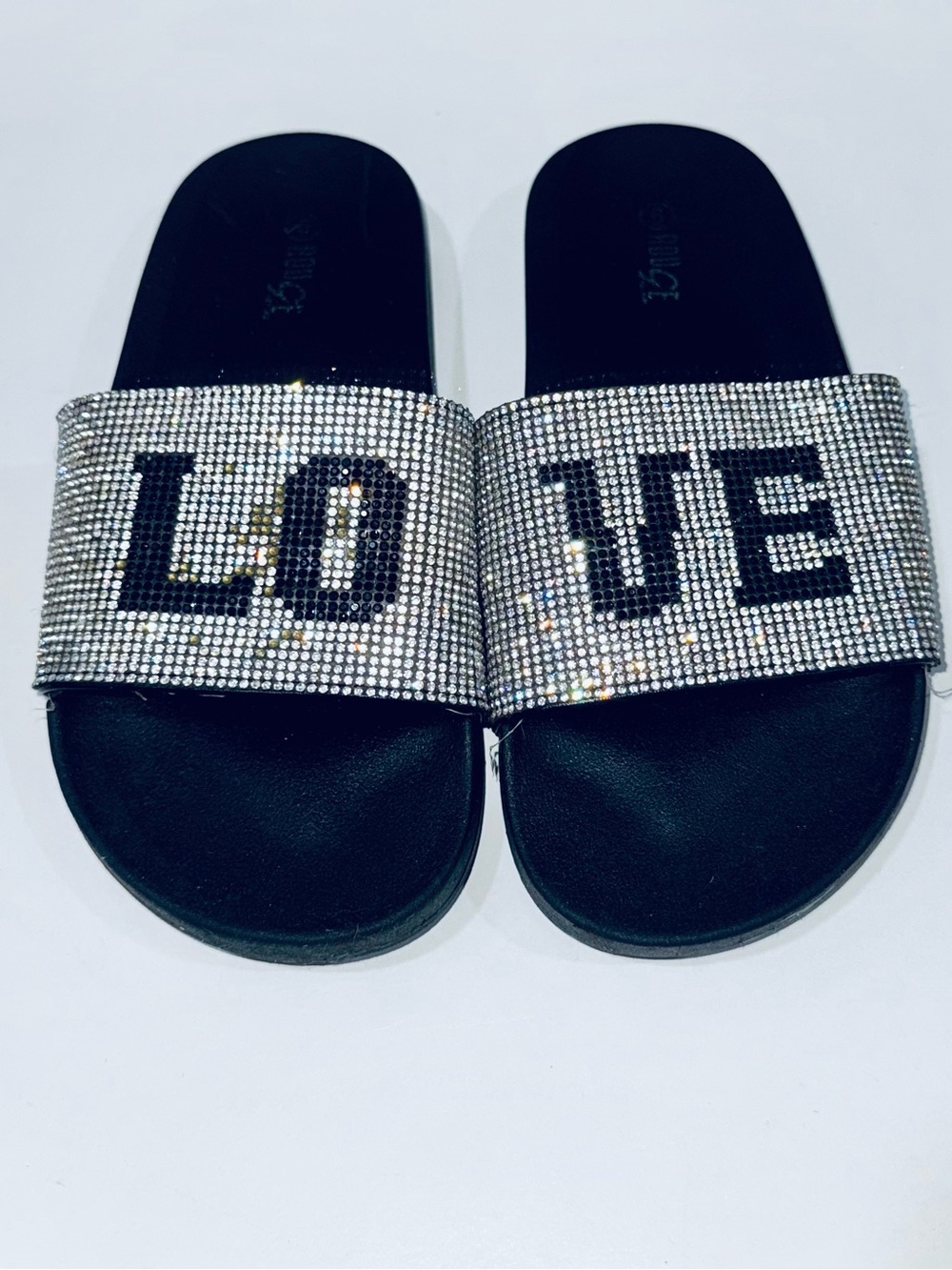 Women’s Rhinestone LOVE Slide Sandals Size 6 Black Slip-On Slides